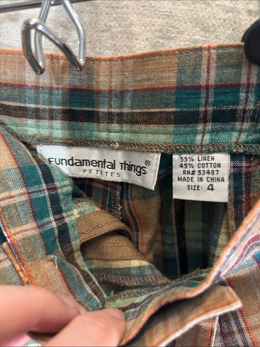 Plaid Wrap-Style Mini Skort in Teal, Brown & Cream Linen Cotton Blend - Picture 2 of 7